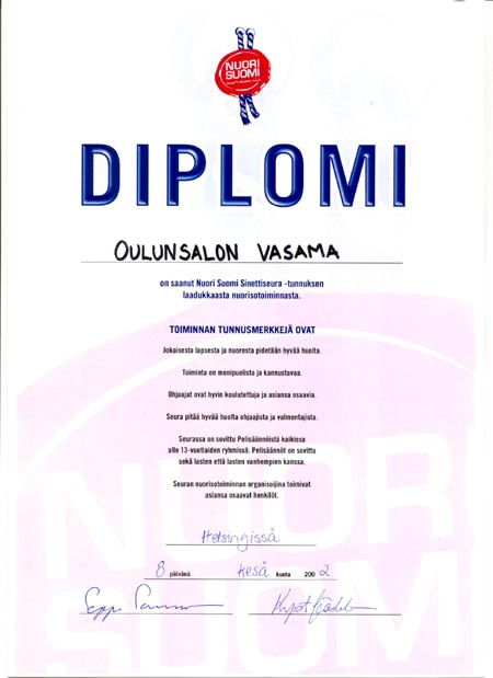 Oulunsalon Vasama Lentopallon Sinettiseura - Diplomi 8.6.2002 